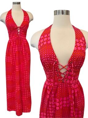 Vintage Op Art Beach Mates Neon Pink Orange 70s Halter Maxi Gown Corset Dress M